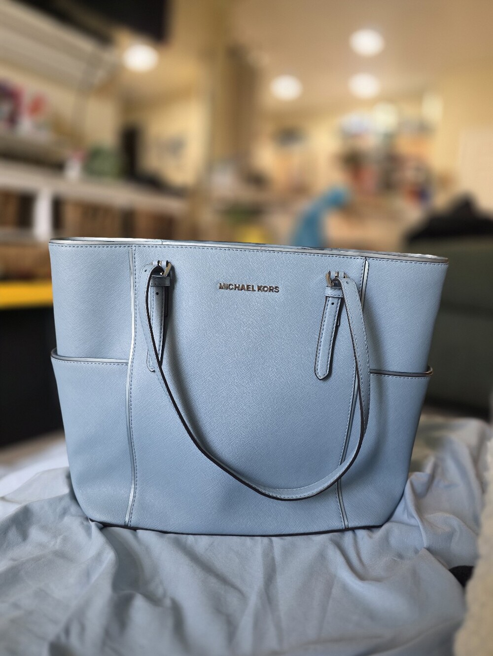 Michael Kors Jet Set Multifunction Tote Large Pale Blue Saffiano Leather Bag